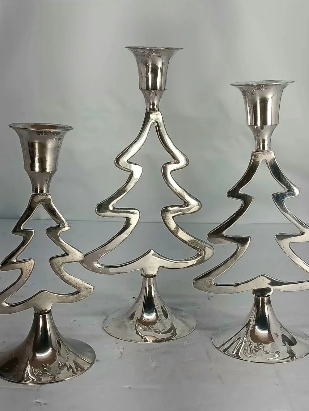 Silver Plated Christmas Tree Candle Holders - Set of 3